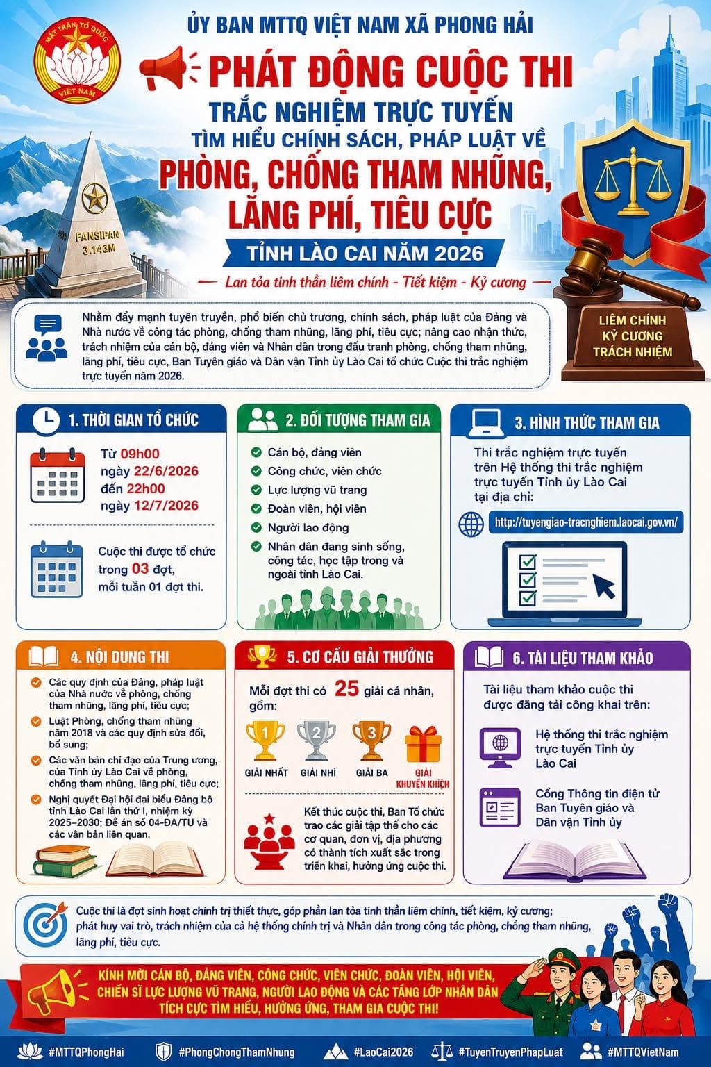📢 PHÁT ĐỘNG CUỘC THI TRẮC NGHIỆM TRỰC TUYẾN TÌM HIỂU CHÍNH SÁCH, PHÁP LUẬT VỀ PHÒNG, CHỐNG THAM NHŨNG, LÃNG PHÍ, TIÊU CỰC TỈNH LÀO CAI NĂM 2026